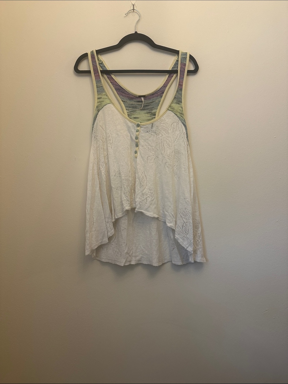 Free People‎ White Lace Crochet High-Low Tank Multicolored Sz M Summer Flowy
